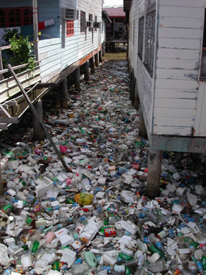 Kampung Ayr at Bandar Sri Begawan, Brunei, is the worlds largest stilt village.  It also has the world's largest floating debris problem.